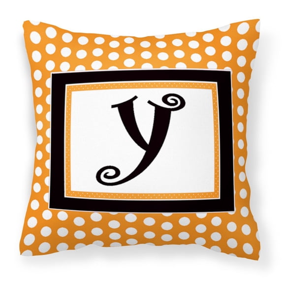 Letter Y Initial Monogram - Orange Polkadots Fabric Decorative Pillow