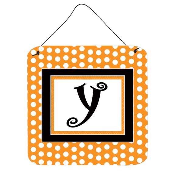 Letter Y Initial Monogram - Orange Polkadots Wall or Door Hanging Prints