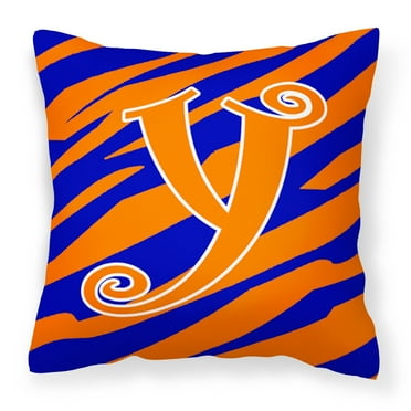 Letter Y Initial  Tiger Stripe Blue and Orange Fabric Decorative Pillow