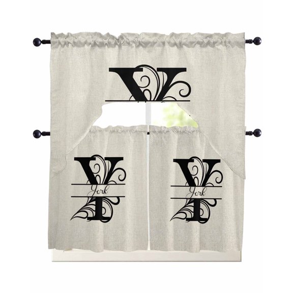 Letter Y Kitchen Curtain Set Swag Valance and Tier Curtains 36 Inch Length, Monogram Words Curtain Valance for Windows, Light Filter Curtains Drapes for Bedroom Bathroom