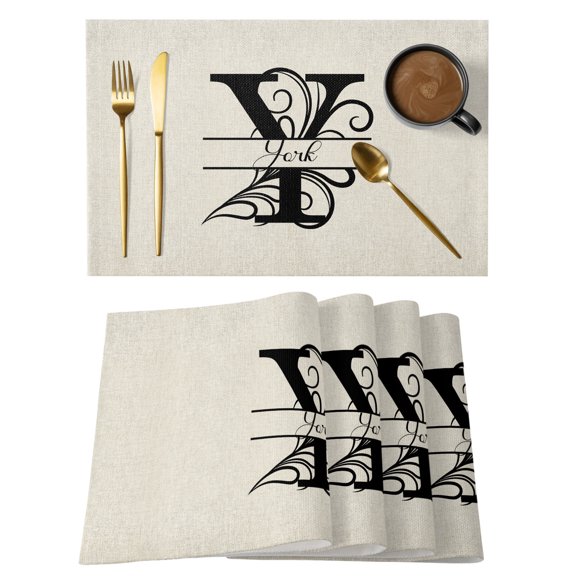 Letter Y Placemats Set of 2, Cotton Linen Fabric Place Mats, Monogram Words Washable Decorative Table Mats Protector for Home Kitchen Dining Wedding Party Coffee Tables