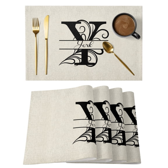 Letter Y Placemats Set of 4, Cotton Linen Fabric Place Mats, Monogram Words Washable Decorative Table Mats Protector for Home Kitchen Dining Wedding Party Coffee Tables