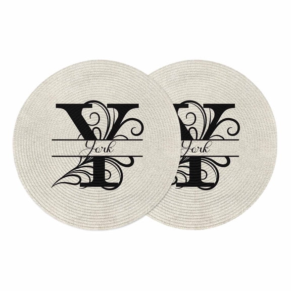 Letter Y Round 13 Inch Placemats Set of 2, Monogram Words HeatResistant Non Slip Place Mats for Dining Table, Wipeable Braided Kitchen Table Mats for Housewarming