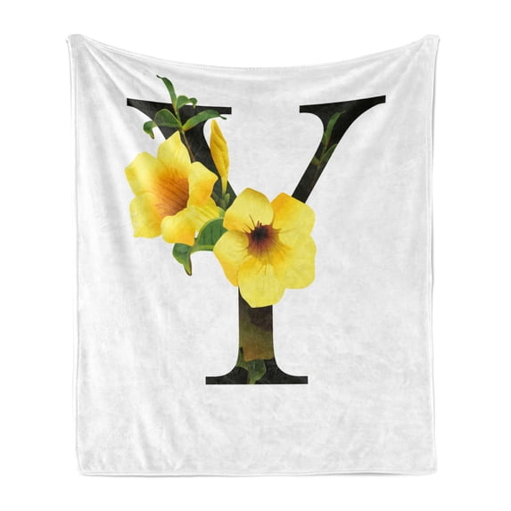 Letter Y Soft Flannel Fleece Blanket, Bell Flower Natural Representation in Abstract Design Nature Themed Print, Cozy Plush for Indoor and Outdoor Use, 70" x 90", Yellow Green Black, by Ambesonne