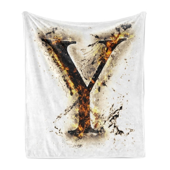 Letter Y Soft Flannel Fleece Blanket, Capital Y in Flames Burning Grunge Gothic Style Conceptual Model of Alphabet, Cozy Plush for Indoor and Outdoor Use, 50" x 70", Tan Black Orange, by Ambesonne