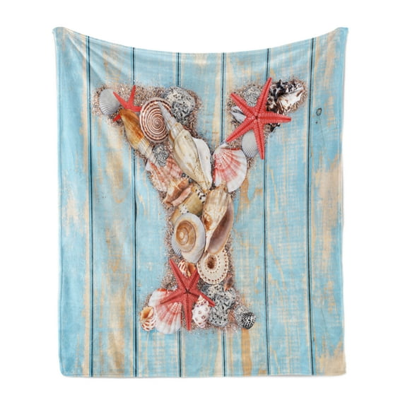 Letter Y Soft Flannel Fleece Throw Blanket, Aquatic Typography with Y Blue Vertical Planks Starfishes Scallops, Cozy Plush for Indoor and Outdoor Use, 60" x 80", Dark Coral Pale Blue, by Ambesonne