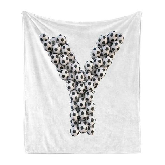 Letter Y Soft Flannel Fleece Throw Blanket, Y Letter in Form Monochrome Soccer Balls Graphic Design, Cozy Plush for Indoor and Outdoor Use, 50" x 60", Black and White, by Ambesonne