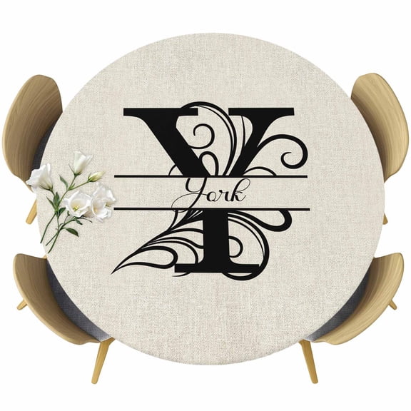 Letter Y Table Cloth, Round Fitted Tablecloths with Elastic Edge, Monogram Words Wipeable Waterproof Table Cover for Kitchen Wedding 55-60 Inches
