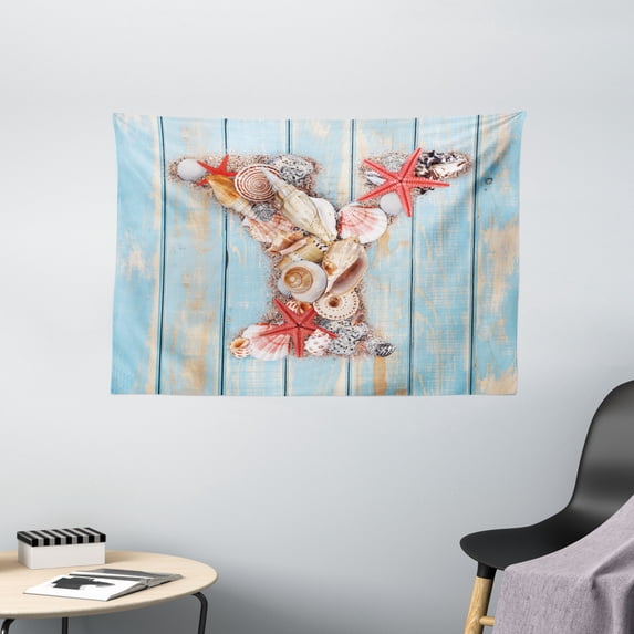 Letter Y Tapestry, Aquatic Typography with Y Blue Vertical Planks Starfishes Scallops, Wall Hanging for Bedroom Living Room Dorm Decor, 60W X 40L Inches, Pale Blue Ivory Dark Coral, by Ambesonne