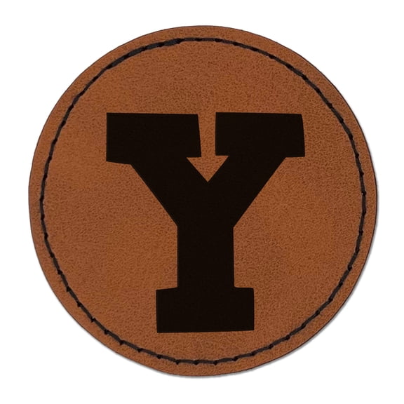 Letter Y Uppercase Fun Bold Font 2.5" Faux Leather Round Engraved Iron-On Patch - Brown