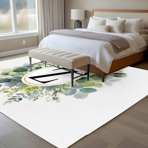 Letter Z 6x9 Rug for Dining Room Table and Chair Setup, Alphabet Green Eucalyptus Leaves Plant Simple Low Pile Washable Non Slip Rectangle Area Rug