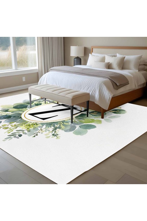 Letter Z 6x9 Rug for Dining Room Table and Chair Setup, Alphabet Green Eucalyptus Leaves Plant Simple Low Pile Washable Non Slip Rectangle Area Rug
