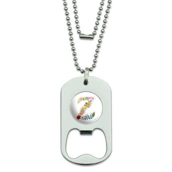 Letter Z Floral Monogram Initial Military Dog Tag Bottle Opener Pendant
