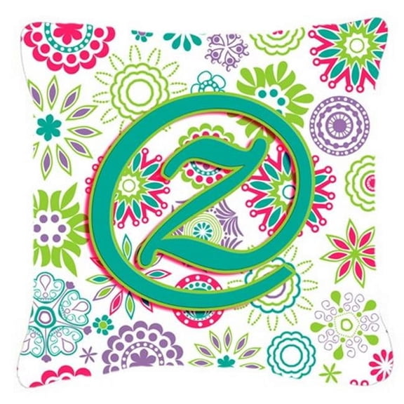 Letter Z Flowers Pink Teal Green Initial Canvas Fabric Decorative Pillow