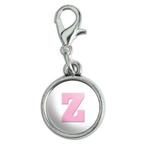 Letter Z Initial Baby Girl Block Font Pink Shower Antiqued Bracelet Pendant Zipper Pull Charm with Lobster Clasp