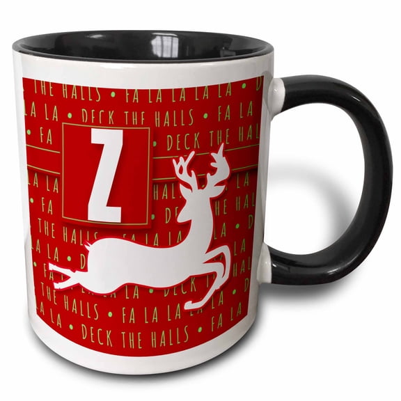 3drose, Letter Z Monogram Christmas White Reindeer Deck the Halls Theme, 15oz Two-tone Black Mug