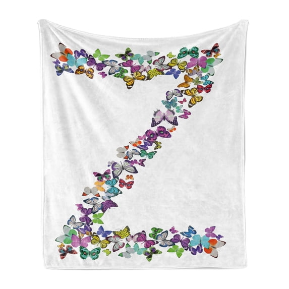 Letter Z Soft Flannel Fleece Blanket, Multicolored Animal Pattern Cool Font Nature Exotic Bugs Capital Letter Z Design, Cozy Plush for Indoor and Outdoor Use, 70" x 90", Multicolor, by Ambesonne
