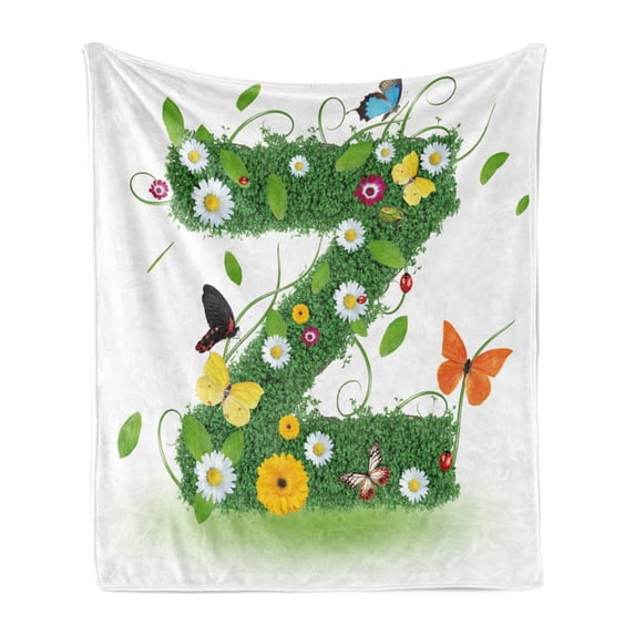 Letter Z Soft Flannel Fleece Throw Blanket, Fresh Summer Garden Flower Bed and Butterflies Colorful Wings Leaves, Cozy Plush for Indoor and Outdoor Use, 50" x 60", Green Multicolor, by Ambesonne
