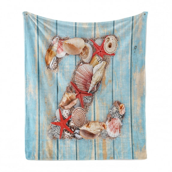 Letter Z Soft Flannel Fleece Throw Blanket, Maritime Summer Theme Z Tropical Aquatic Wildlife Nautical Font, Cozy Plush for Indoor and Outdoor Use, 50" x 60", Dark Coral Pale Blue, by Ambesonne