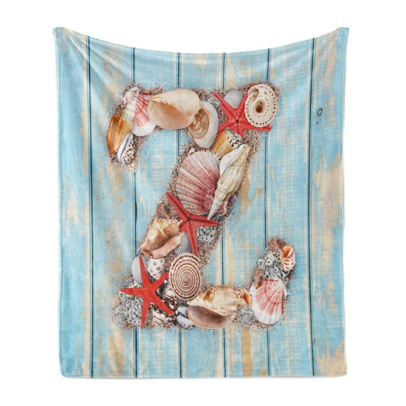 Letter Z Soft Flannel Fleece Throw Blanket, Maritime Summer Theme Z Tropical Aquatic Wildlife Nautical Font, Cozy Plush for Indoor and Outdoor Use, 50" x 70", Dark Coral Pale Blue, by Ambesonne