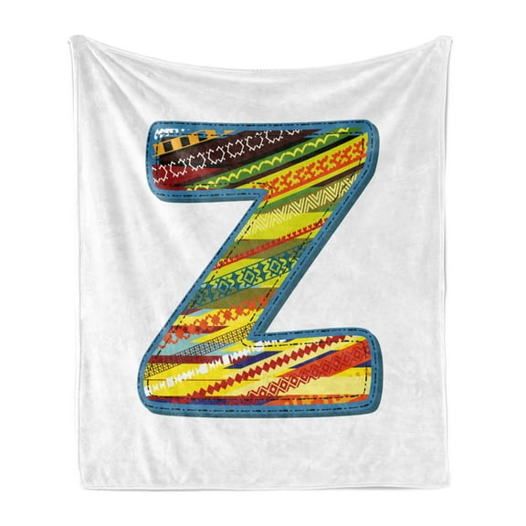 Letter Z Soft Flannel Fleece Throw Blanket, Z Letter Celebration First Name of Birthday Girls Boys with Ornament Forms, Cozy Plush for Indoor and Outdoor Use, 70" x 90", Multicolor, by Ambesonne