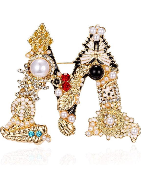 Vintage Style Initial 'M' Brooch Pin for Women – Multicolor Enamel & Faux Pearl Design with CZ Accents, Elegant Lapel Jewelry Gift