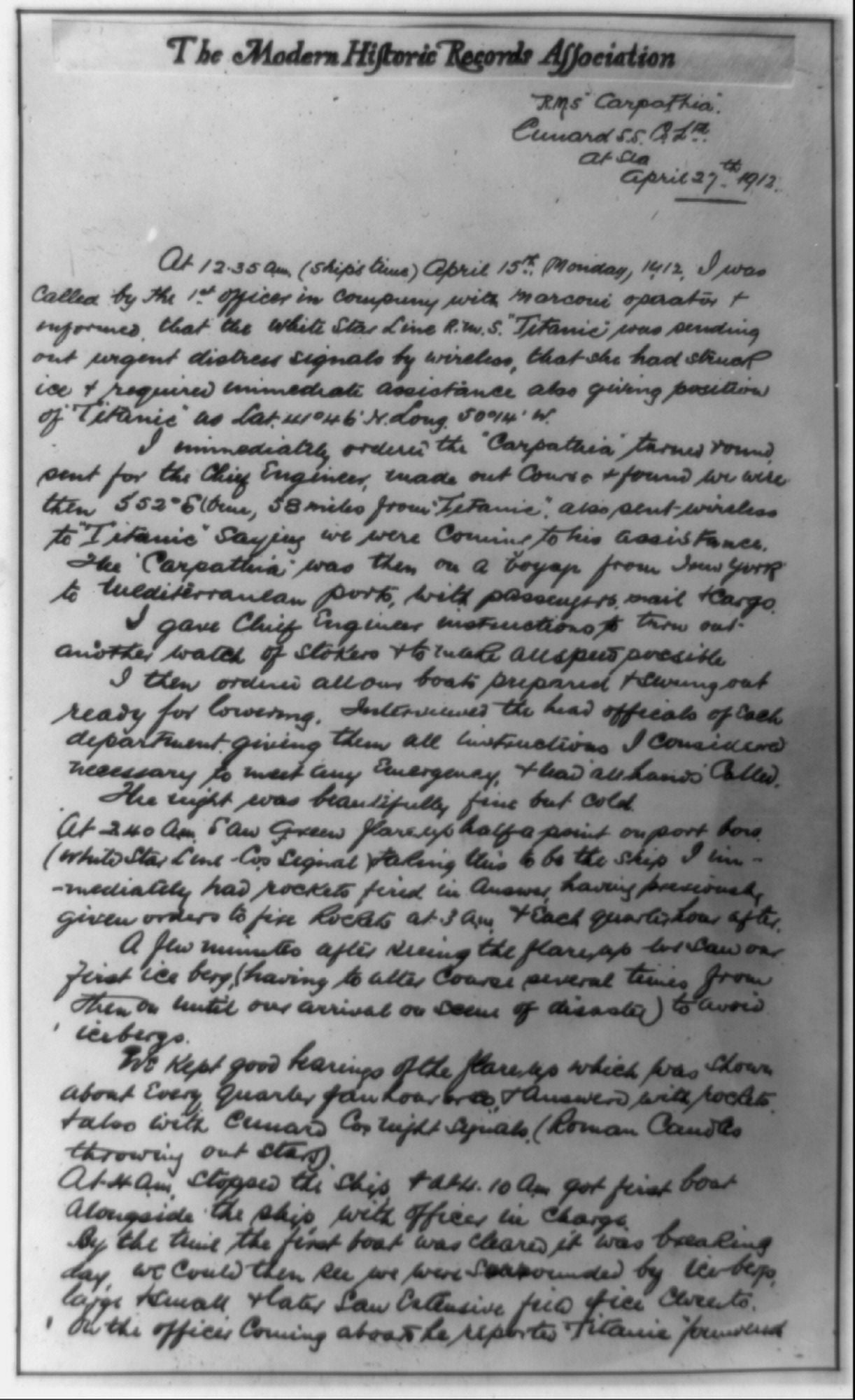 Letter from Cptn Rostron of Carpathia describing his response to the disaster Canvas Art - (24 x 36)