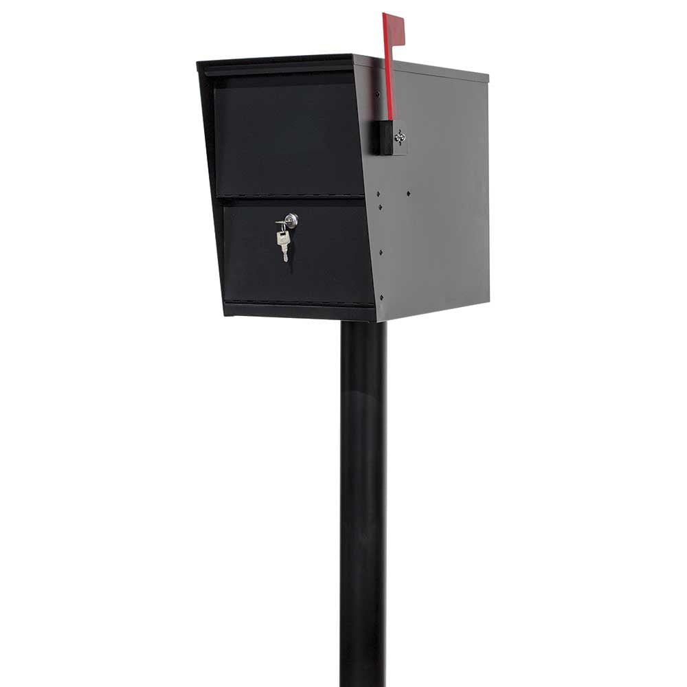 Black Steel Locking Post Mounted Mailbox with Red Flag