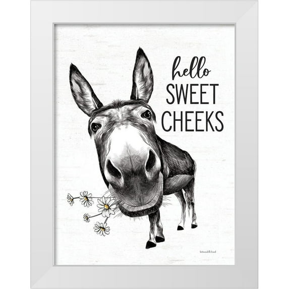 Lettered and Lined 12x14 White Modern Wood Framed Museum Art Print Titled - Hello Sweet Cheeks Donkey