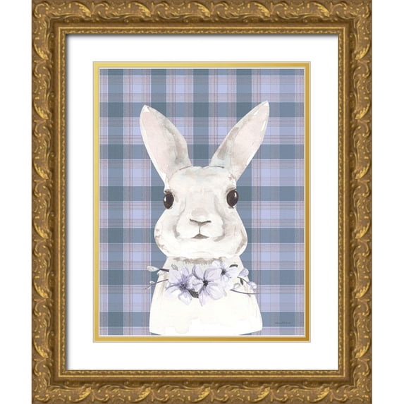 Lettered and Lined 15x18 Gold Ornate Wood Framed with Double Matting Museum Art Print Titled - Plaid Bunny Floral