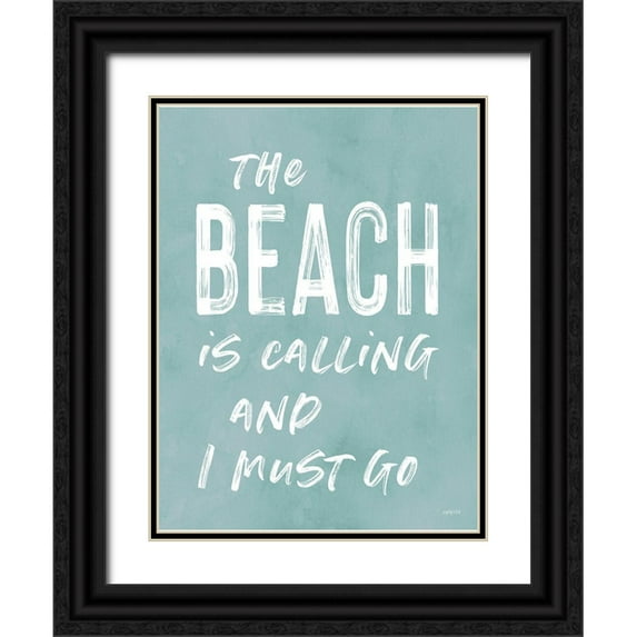 Lettered and Lined 25x32 Black Ornate Wood Framed with Double Matting Museum Art Print Titled - The Beach is Calling
