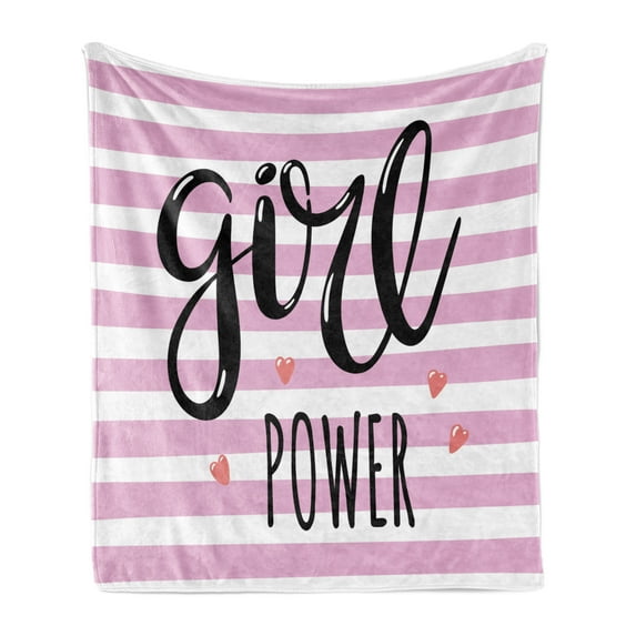 Lettering Soft Flannel Fleece Blanket, Girl Power Striped Hearts Teen Motivation Feminism Strong Words, Cozy Plush for Indoor and Outdoor Use, 50" x 70", Baby Pink and Charcoal Grey, by Ambesonne