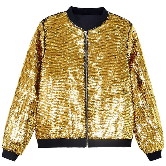 Letterman Jacket For Men Sequin Zip Up Long Sleeves Party Disco Sparkly Mens Workout Jacket,Gold,S