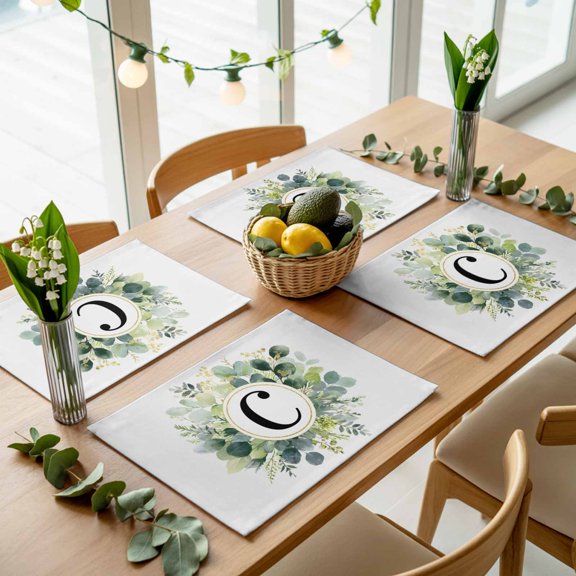 Letters C on Eucalyptus Leaves Placemats Set of 4,Wipeable Washable Table Mats for Dining Tables, Spring Farm Plant Place Mats for Kitchen Event Party Tabletop Decor