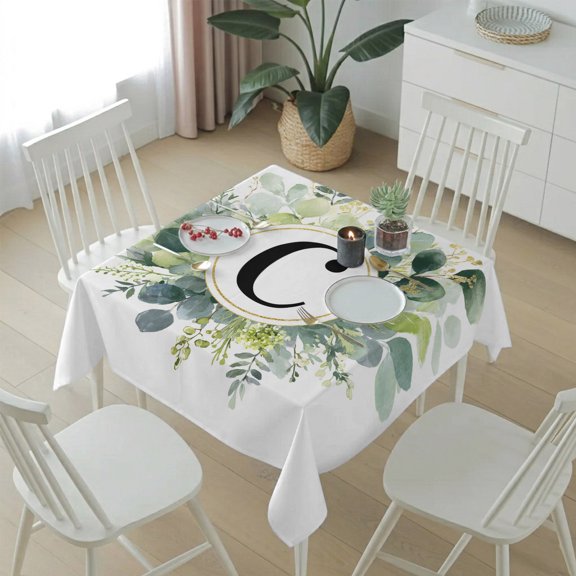 Letters C on Eucalyptus Leaves Table Cloth 54x54in, Waterproof Square Tablecloth Wipeable Tablecloths Spring Farm Plant Table Covers for Dining Tables Party Indoor Outdoor