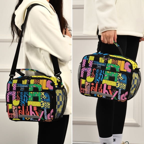Letters Colorful Lunch Bag Cooler Bag Cooling Tote Portable Shoulder Strap Interior Pockets for Picnic Travel