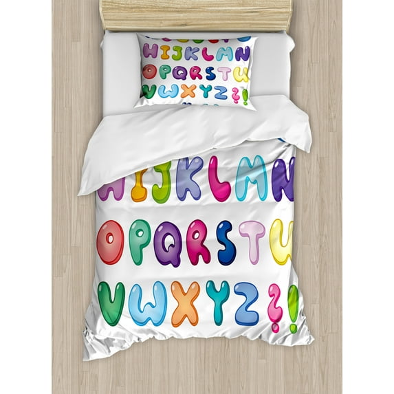 Letters Duvet Cover Set Twin Size, Bubble Shaped 3D Style Alphabet Set Colorful Kids Children Design Comic Typeset, Decorative 2 Piece Bedding Set with 1 Pillow Sham, Multicolor, by Ambesonne