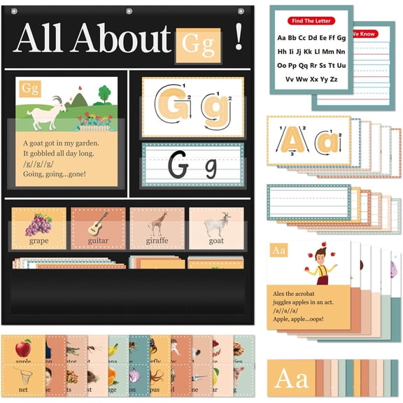 About Letters Pocket Chart with ABC Flash Cards, 34" X 27", Letter of The Day/Week Daypocket Chart, Letter Tracing Learning Educational Wall Chart  Classroom Homes, Black