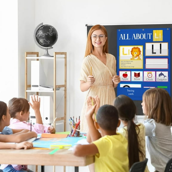 All About Letters Pocket Chart Alphabet Learning Pocket Chart with 96 Cards Letter of The Day/Week Activity Wall Alphabet Card Tracing for Homeschool Preschool Kindergarten(Blue)