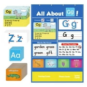 All About Letters Pocket Chart for Classroom, Alphabet Learning Wall Chart with ABC Flash Cards, 3 Over Door Hangers Included, for Homeschool Preschool Kindergarten 24x 16", Blue