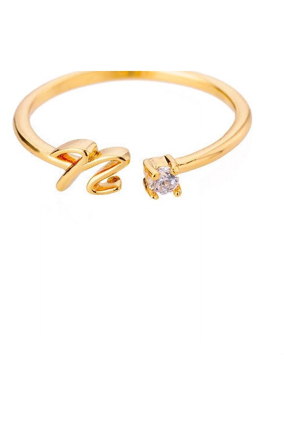 Womens Gold Plated Initial Ring with Diamond Cut Open Design A to Z Letter Copper Ring Fashion Statement Jewelry Initial Diamond Ring for Women