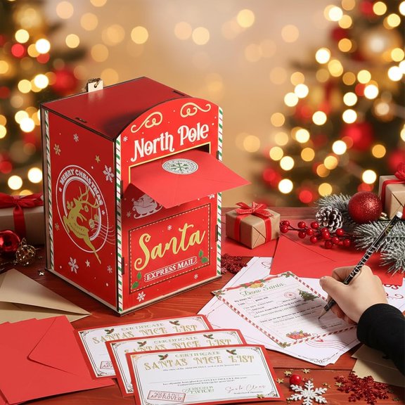 Letters to Santa Mailbox Christmas Gift Wish List Kit North Pole Delivery Mailbox Santa's List Certificate Green and Red Envelope Stamps for Xmas Holiday Indoor Outdoor Decorations