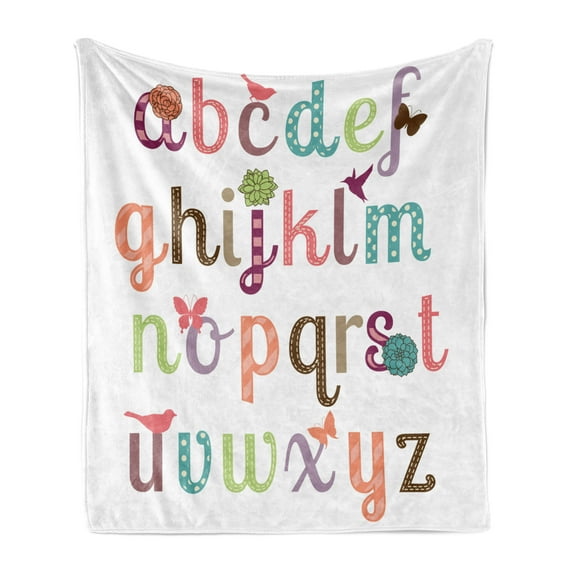 Letters Soft Flannel Fleece Blanket, Girly Feminine Typography Set Colorful Letters with Flowers Birds and Butterflies, Cozy Plush for Indoor and Outdoor Use, 50" x 60", Multicolor, by Ambesonne