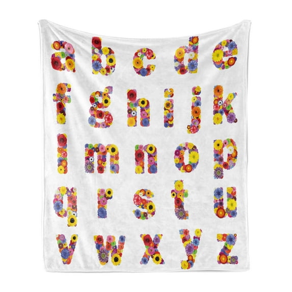 Letters Soft Flannel Fleece Throw Blanket, Floral Alphabet with Blooming Letters Sunflower Cornflower Dahlia Rainbow Image, Cozy Plush for Indoor and Outdoor Use, 70" x 90", Multicolor, by Ambesonne