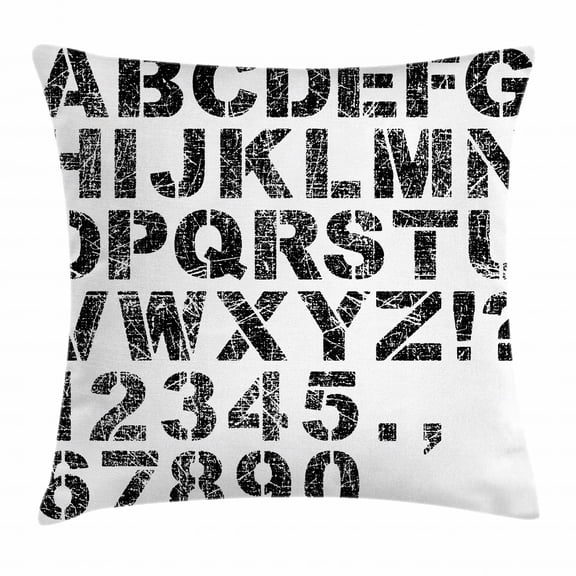 Letters Throw Pillow Cushion Cover, An Alphabet Set of Grunge Stencil Letters and Numbers Distressed Scratched Look, Decorative Square Accent Pillow Case, 20 X 20 Inches, Black White, by Ambesonne