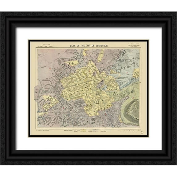 Letts 18x15 Black Ornate Wood Framed with Double Matting Museum Art Print Titled - Scotland - Edinburgh - Plan - Letts 1883