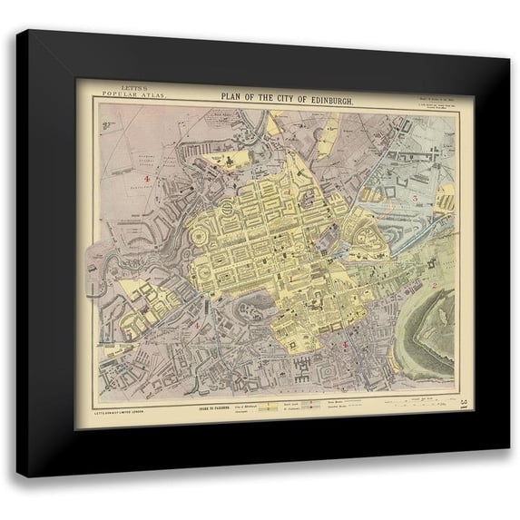 Letts 24x20 Black Modern Framed Museum Art Print Titled - Scotland - Edinburgh - Plan - Letts 1883