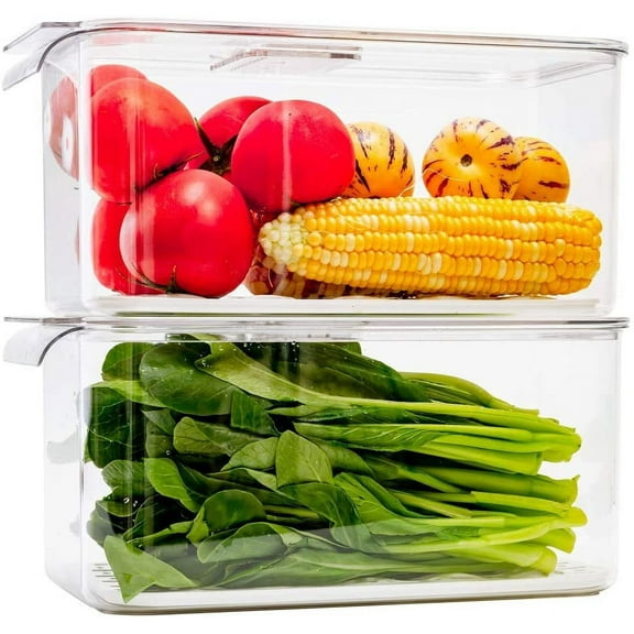 Lettuce Keeper Large Produce Storage Container with Lid and Removable Drain Tray Stackable Refrigerator Freezer Safe 7.4 Liter 2 Pack