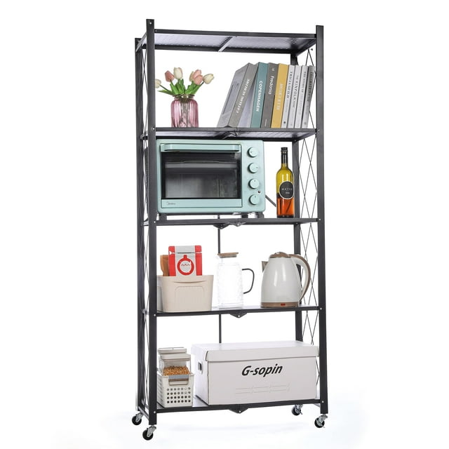 Letusto Heavy Duty Foldable Collapsible Shelf with Wheels with Breaks - Shelves with No Assembly Required (Black, 5 Tier)