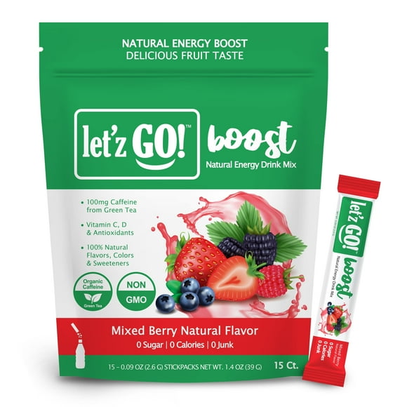 Let'z Go Boost Natural Energy + Hydration Drink Mix Powder - Mixed Berry Flavor - 15Ct